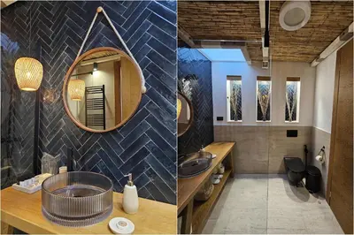 two pictures of a bathroom with a sink and a mirror at High-End Villa with Private Beach Access in Brca