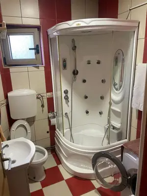 a bathroom with a shower and a toilet and a sink at Apartman Anastasija in Kotor