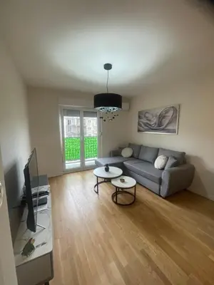 a living room with a couch and a tv at Alex 2210 in Podgorica