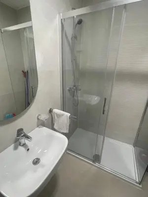 a bathroom with a sink and a shower with a glass door at Alex 2210 in Podgorica