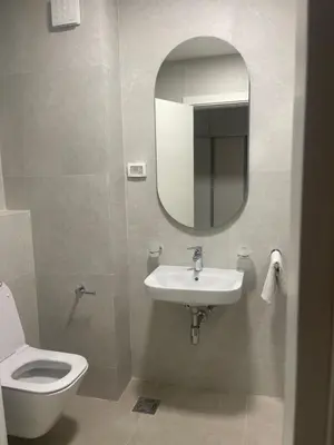 a bathroom with a toilet and a sink and a mirror at Alex 2210 in Podgorica