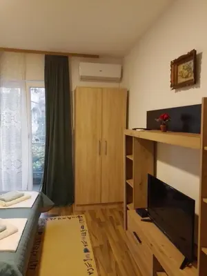 a small room with a bed and a television at Nada Apartman in Lastva