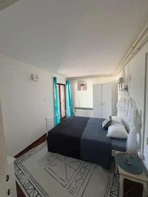 a bedroom with a bed with a black comforter at Luxury apartments Budva in Budva