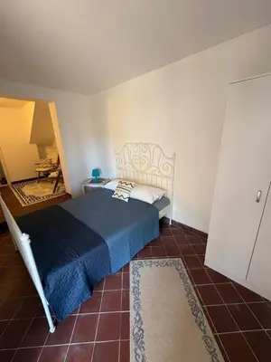 a bedroom with a bed with a blue bedspread at Luxury apartments Budva in Budva