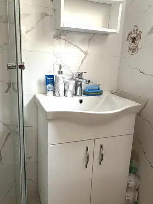 a bathroom with a white sink and a shower at Nina apartman in Budva