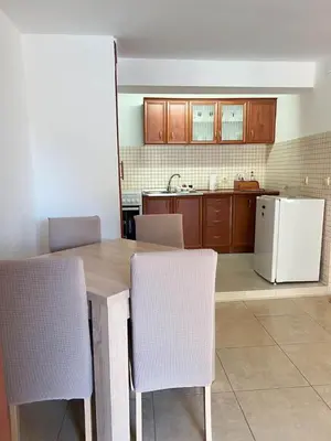 a kitchen with a table and chairs and a refrigerator at Villa INA in Kaluđerac