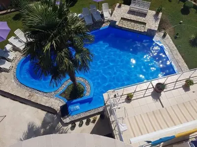 an overhead view of a large swimming pool with a palm tree at Villa INA in Kaluđerac
