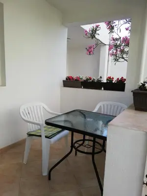 a dining room with a table and two chairs and flowers at Apartment Aleksic Becici in Becici