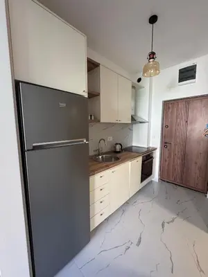 a kitchen with a refrigerator and a sink at Stylish Studio IVSOLE in Budva