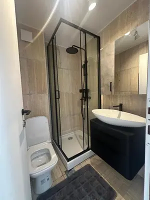 a bathroom with a shower and a toilet and a sink at Stunning view designer apartment in Budva