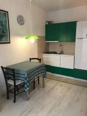 a kitchen with green cabinets and a table and a refrigerator at Studio Budva in Budva