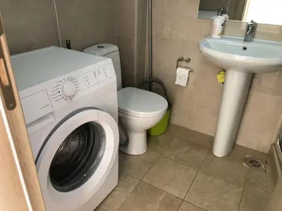a bathroom with a washing machine and a sink at Seaview apartment in Dobra Voda