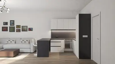 a living room with a kitchen and a couch at Rafailovići Hill in Budva