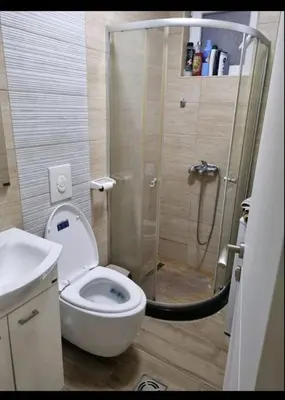 a bathroom with a shower with a toilet and a sink at Apartman Duki in Budva