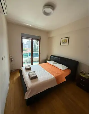 a bedroom with a large bed in a room with a window at Kraljev park in Podgorica