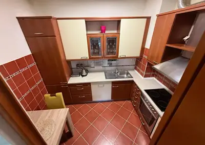 a small kitchen with brown cabinets and a sink at Kraljev park in Podgorica