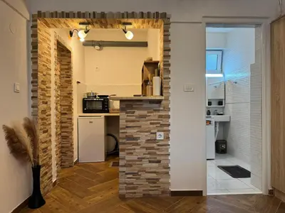 a kitchen with a brick wall in the middle of a room at Sunny Nest Studio Bar in Bar
