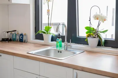 a kitchen counter with a sink and two windows at Tarik Apartment in Ulcinj
