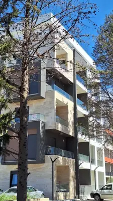 a white building with a tree in front of it at Tarik Apartment in Ulcinj