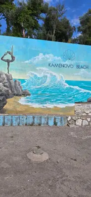 a large painting of the ocean with a person on the beach at Penthouse Traumblick Bečići in Budva