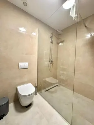 a bathroom with a toilet and a glass shower at Comfort Apartments Balkan in Budva
