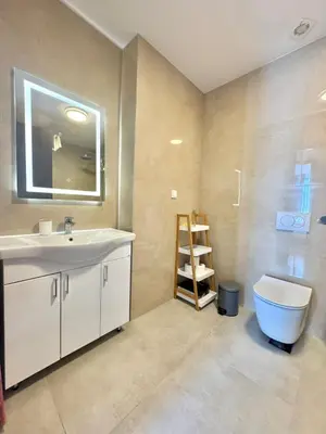 a bathroom with a sink and a toilet and a mirror at Comfort Apartments Balkan in Budva