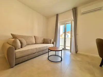 a living room with a couch and a table at Comfort Apartments Balkan in Budva