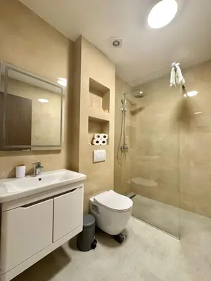 a bathroom with a toilet and a sink and a shower at Comfort Apartments Balkan in Budva