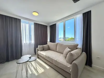 a living room with a couch and some windows at Comfort Apartments Balkan in Budva