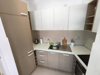 a small kitchen with white cabinets and a sink at Sea view Chiron in Budva