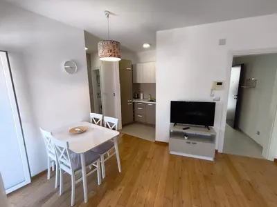 a living room with a table and chairs and a television at Sea view Chiron in Budva