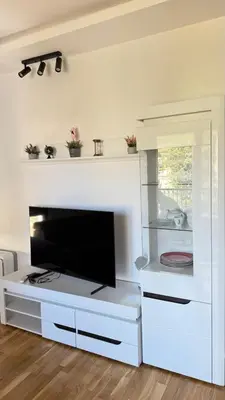 a living room with a tv and a white entertainment center at Comfort in Bar