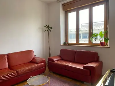 a living room with two leather couches and a window at Heart of the city big 1BR on Independence square in Podgorica