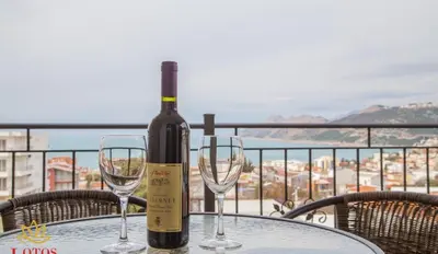 a bottle of wine sitting on a table with two wine glasses at Lotos - stan 211 L2 in Dobra Voda