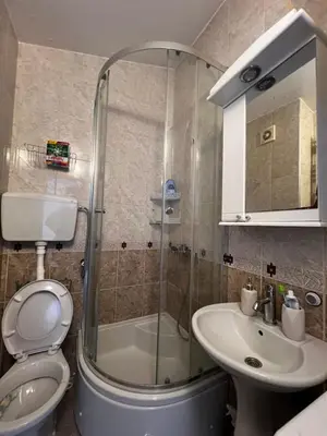 a bathroom with a shower and a toilet and a sink at Apartment Zevs 5 in Budva