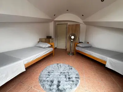 a room with two beds and a rug at Apartment Zevs 5 in Budva