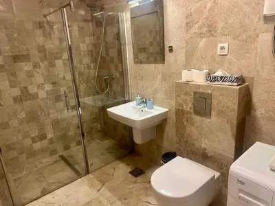 a bathroom with a shower and a toilet and a sink at The Coastal Charm in Pržno