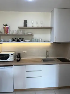 a white kitchen with a sink and a microwave at Dora apartment with terrace and parking in Podgorica