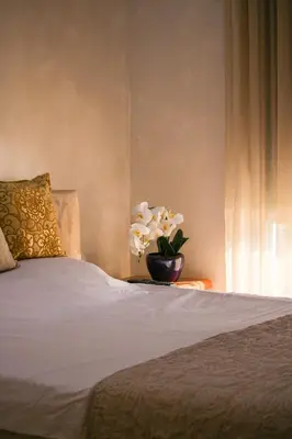 a bedroom with a bed and a vase of flowers at Harmony Apartment 2 in Bar