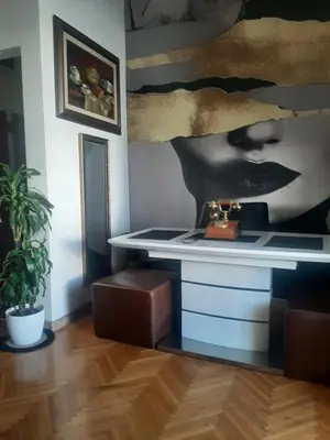 a room with a desk and a painting on the wall at Stylish Charm Downtown in Podgorica