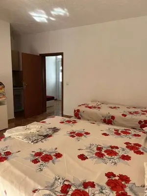 a bedroom with a bed with red flowers on it at Aparments Gjeloshi in Donji Štoj