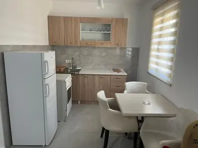 a kitchen with a white refrigerator and a table at Stan Bijela Kuca in Sutomore