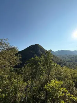 a mountain in the distance with trees in the foreground at ORAHOVSTICA TRAIL - Glamping in Dupilo