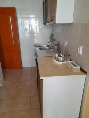 a kitchen with a sink and a counter top at Apartman Mina in Podgorica