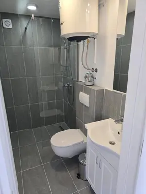 a bathroom with a toilet and a shower and a sink at Villa Luca in Krimovice