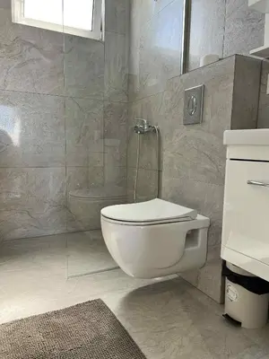 a bathroom with a white toilet and a shower at Kurti Apartments in Ulcinj