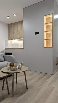 a living room with a table and a kitchen at Cozy apartment in Podgorica in Podgorica