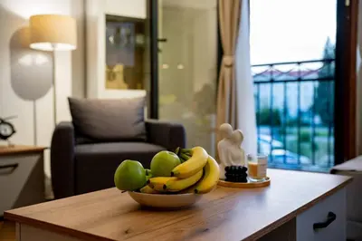 a bowl of fruit on a table in a living room at Gorica Apartment in Podgorica