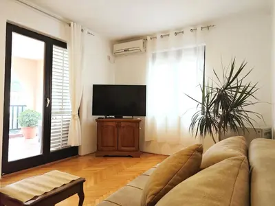 a living room with a couch and a flat screen tv at Apartment Golub in Budva