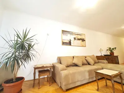 a living room with a couch and a potted plant at Apartment Golub in Budva